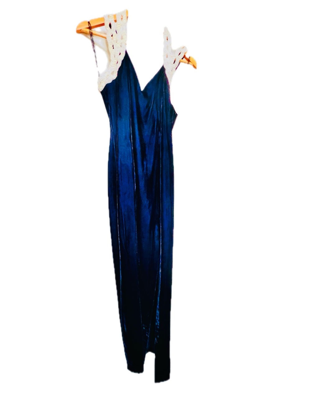 Vintage 1990s Retro Blue Velvet Formal Prom Dress w Sequin Halter Straps